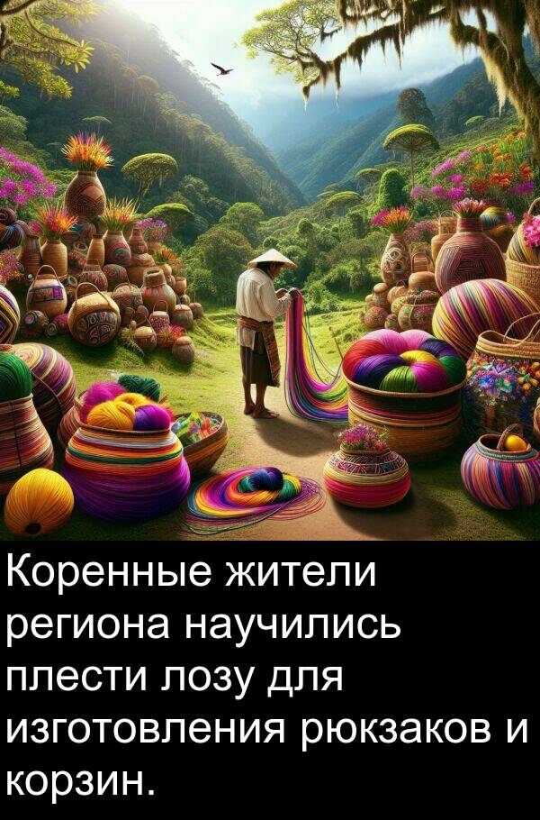 корзин: Коренные жители региона научились плести лозу для изготовления рюкзаков и корзин.