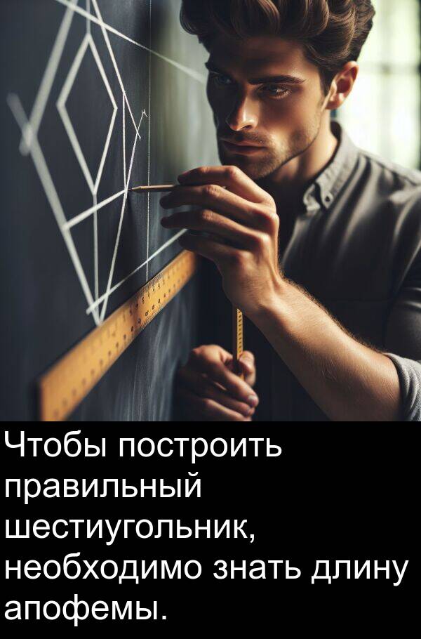 построить: Чтобы построить правильный шестиугольник, необходимо знать длину апофемы.
