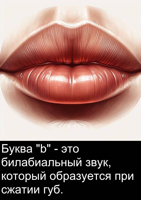 при: Буква "b" - это билабиальный звук, который образуется при сжатии губ.