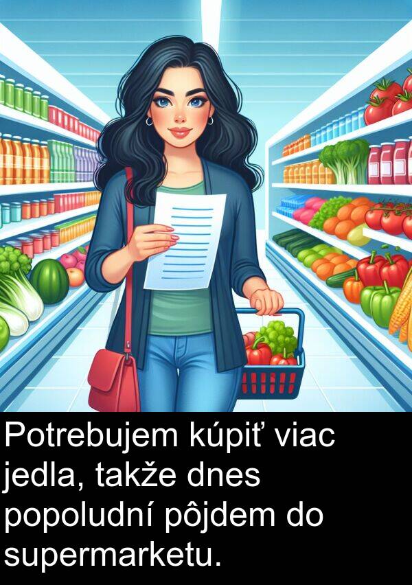 jedla: Potrebujem kúpiť viac jedla, takže dnes popoludní pôjdem do supermarketu.