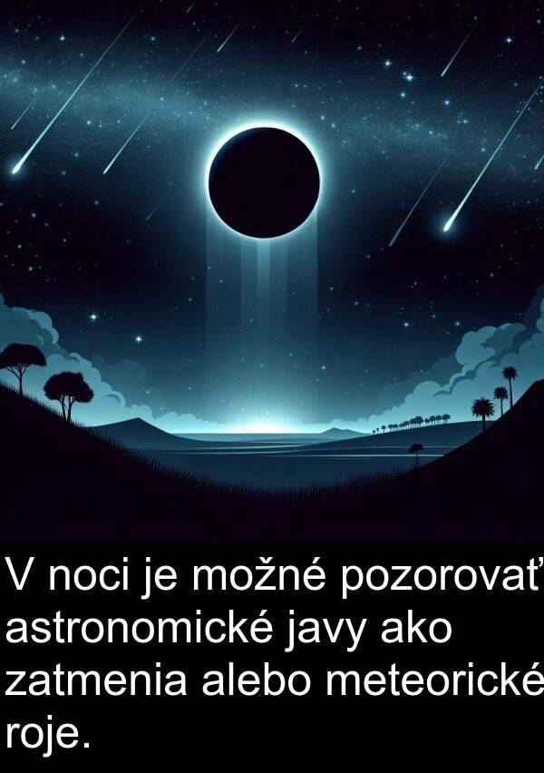 noci: V noci je možné pozorovať astronomické javy ako zatmenia alebo meteorické roje.