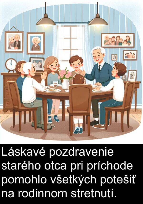 rodinnom: Láskavé pozdravenie starého otca pri príchode pomohlo všetkých potešiť na rodinnom stretnutí.