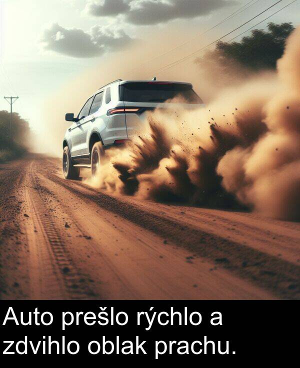 rýchlo: Auto prešlo rýchlo a zdvihlo oblak prachu.