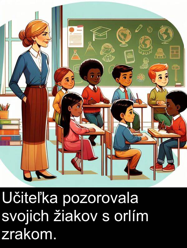 svojich: Učiteľka pozorovala svojich žiakov s orlím zrakom.