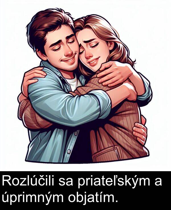 objatím: Rozlúčili sa priateľským a úprimným objatím.
