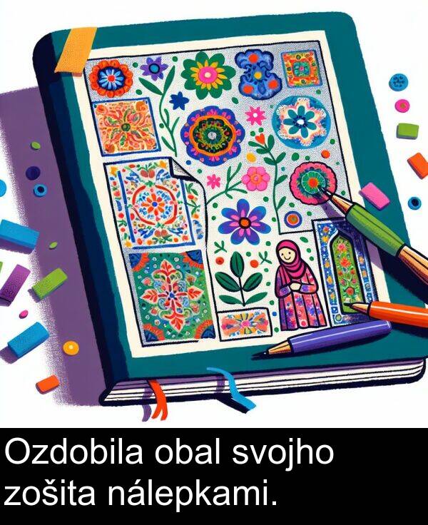 obal: Ozdobila obal svojho zošita nálepkami.
