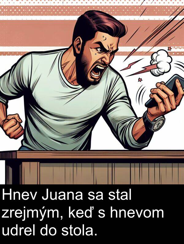 hnevom: Hnev Juana sa stal zrejmým, keď s hnevom udrel do stola.