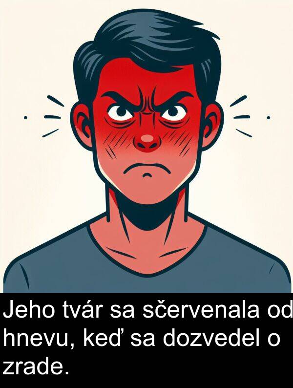 sčervenala: Jeho tvár sa sčervenala od hnevu, keď sa dozvedel o zrade.
