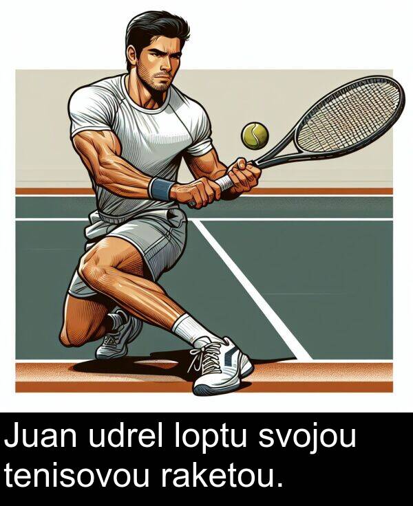 raketou: Juan udrel loptu svojou tenisovou raketou.