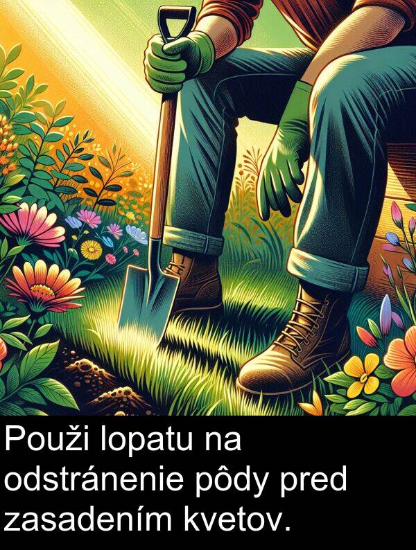 odstránenie: Použi lopatu na odstránenie pôdy pred zasadením kvetov.