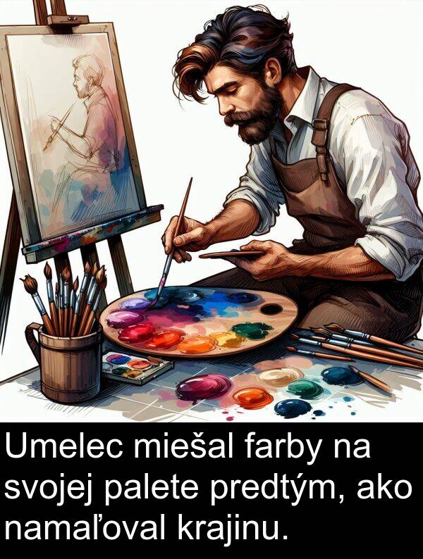 farby: Umelec miešal farby na svojej palete predtým, ako namaľoval krajinu.