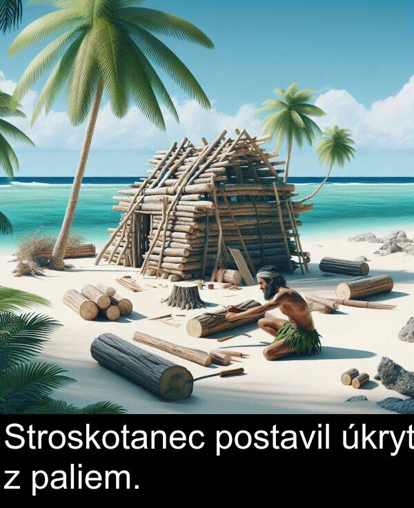 úkryt: Stroskotanec postavil úkryt z paliem.