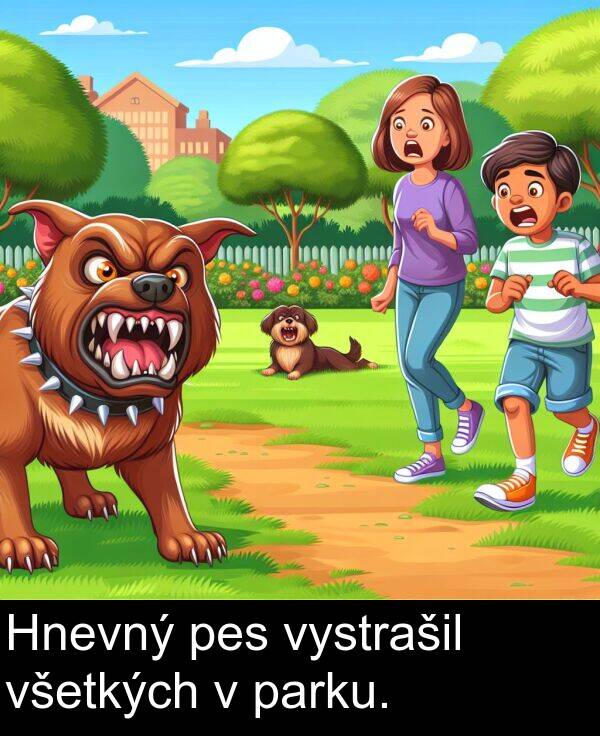 vystrašil: Hnevný pes vystrašil všetkých v parku.
