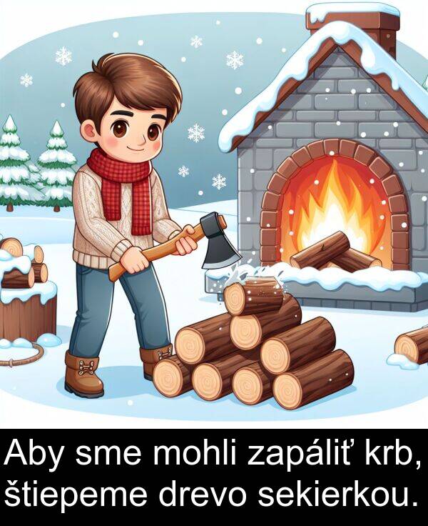 sekierkou: Aby sme mohli zapáliť krb, štiepeme drevo sekierkou.