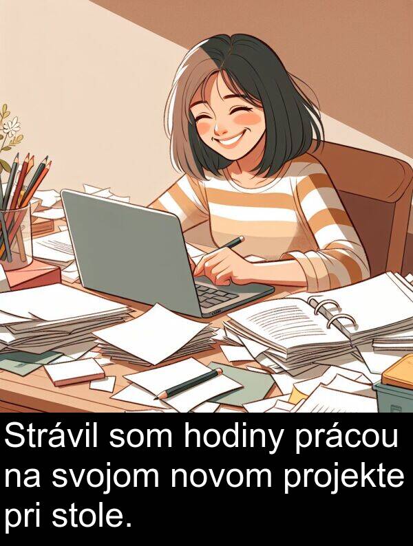 projekte: Strávil som hodiny prácou na svojom novom projekte pri stole.