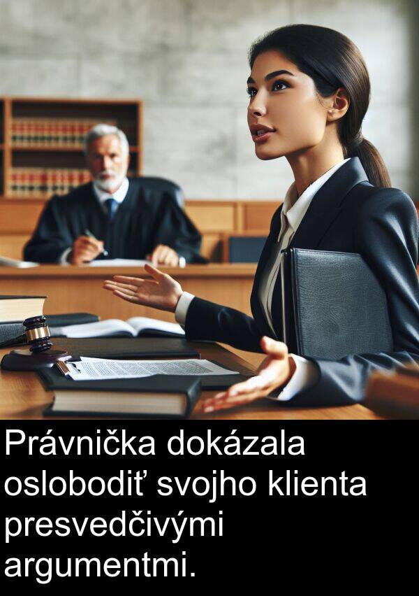 argumentmi: Právnička dokázala oslobodiť svojho klienta presvedčivými argumentmi.