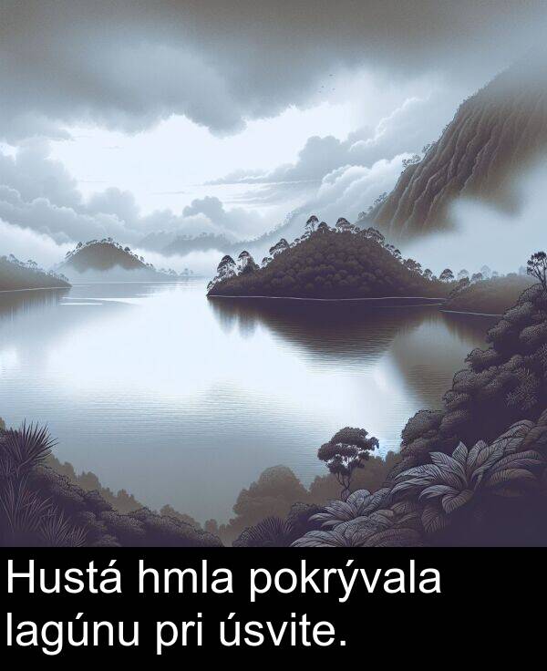 lagúnu: Hustá hmla pokrývala lagúnu pri úsvite.
