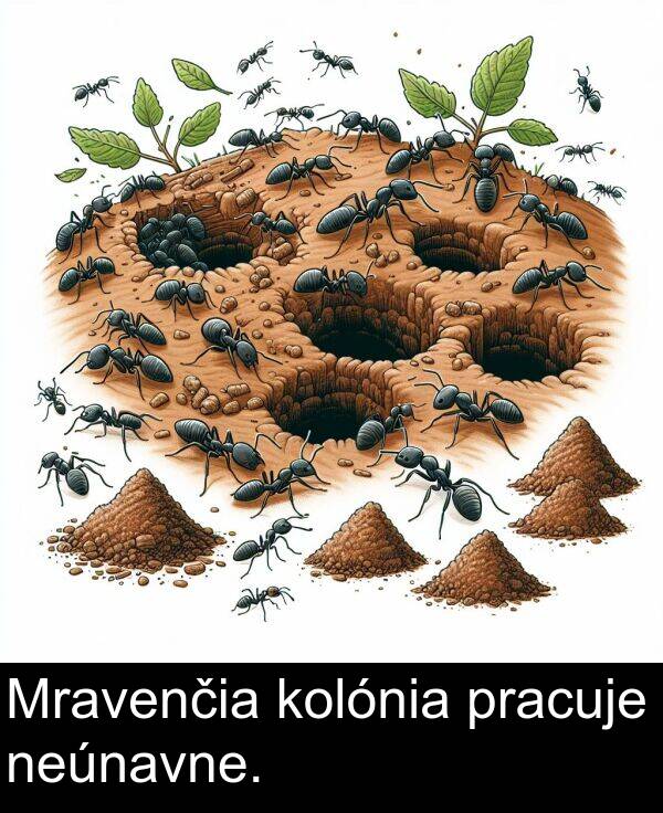 neúnavne: Mravenčia kolónia pracuje neúnavne.