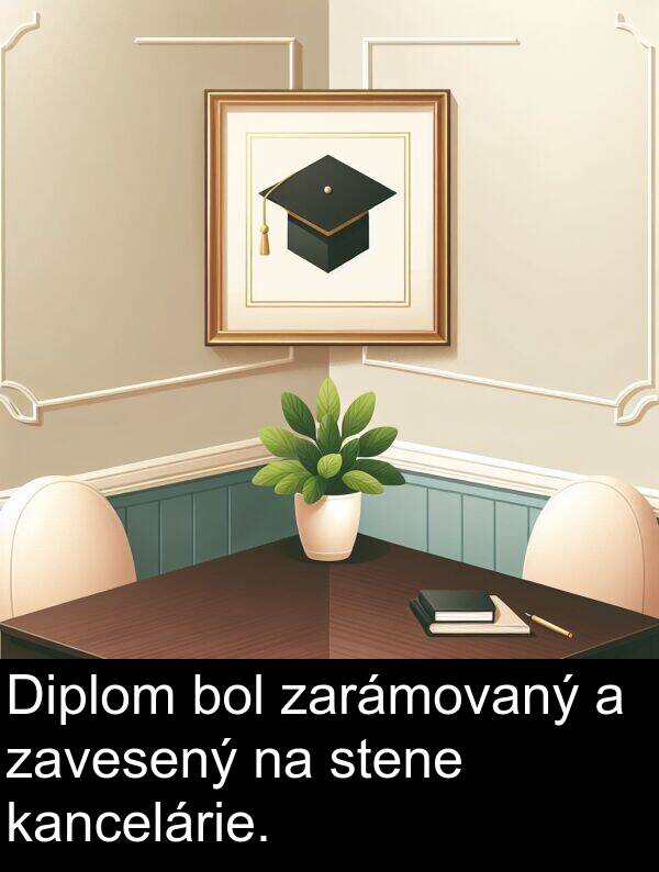 kancelárie: Diplom bol zarámovaný a zavesený na stene kancelárie.
