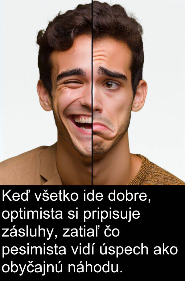 ide: Keď všetko ide dobre, optimista si pripisuje zásluhy, zatiaľ čo pesimista vidí úspech ako obyčajnú náhodu.