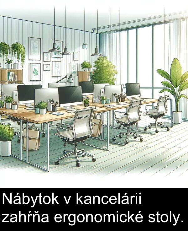 ergonomické: Nábytok v kancelárii zahŕňa ergonomické stoly.