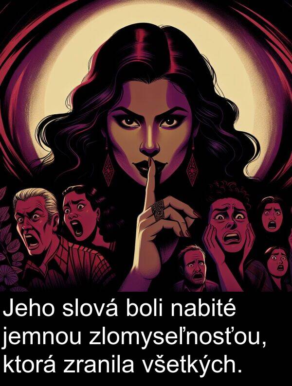 nabité: Jeho slová boli nabité jemnou zlomyseľnosťou, ktorá zranila všetkých.