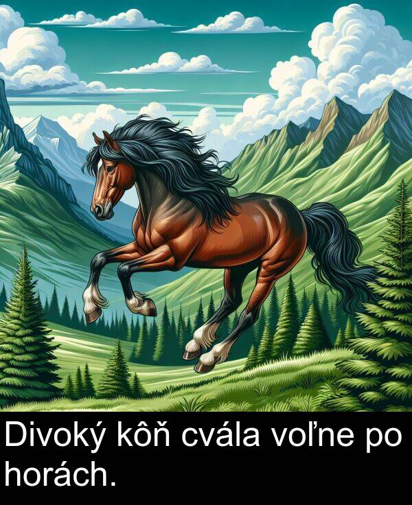 voľne: Divoký kôň cvála voľne po horách.