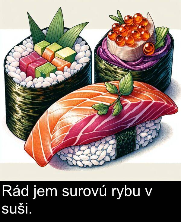 surovú: Rád jem surovú rybu v suši.
