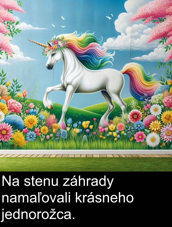 jednorožca: Na stenu záhrady namaľovali krásneho jednorožca.