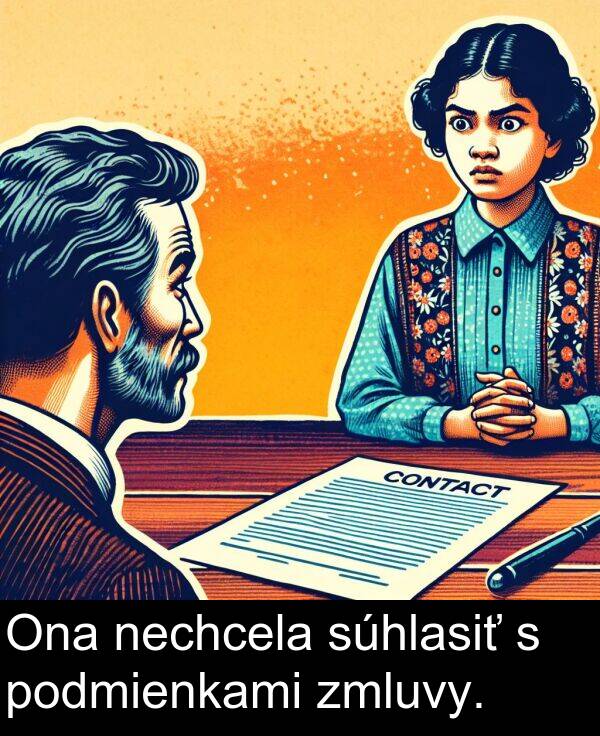 súhlasiť: Ona nechcela súhlasiť s podmienkami zmluvy.