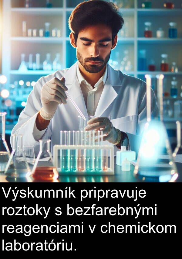 laboratóriu: Výskumník pripravuje roztoky s bezfarebnými reagenciami v chemickom laboratóriu.