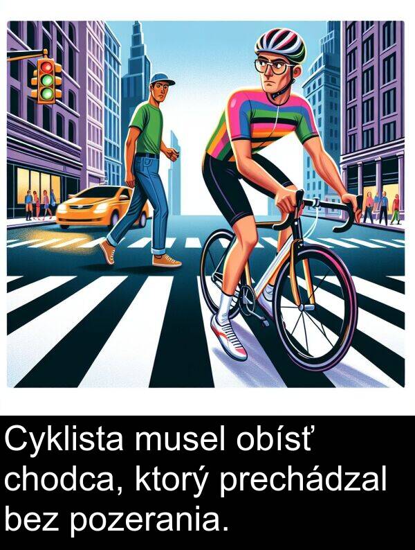 obísť: Cyklista musel obísť chodca, ktorý prechádzal bez pozerania.