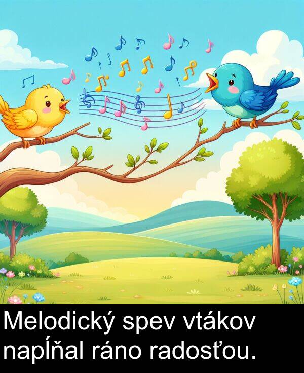 radosťou: Melodický spev vtákov napĺňal ráno radosťou.