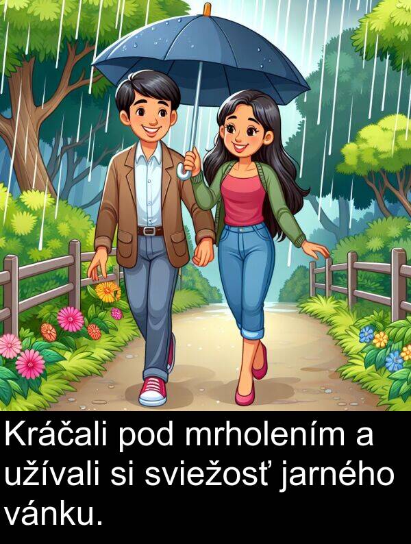 jarného: Kráčali pod mrholením a užívali si sviežosť jarného vánku.