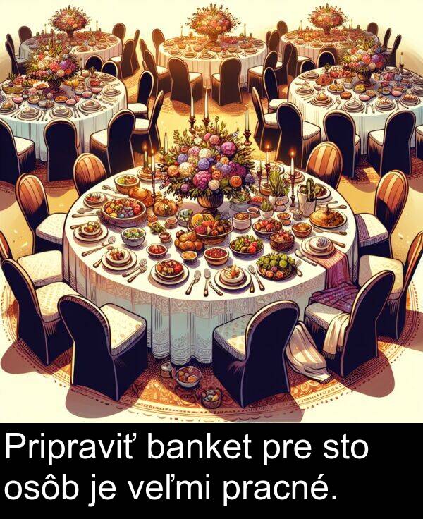 banket: Pripraviť banket pre sto osôb je veľmi pracné.