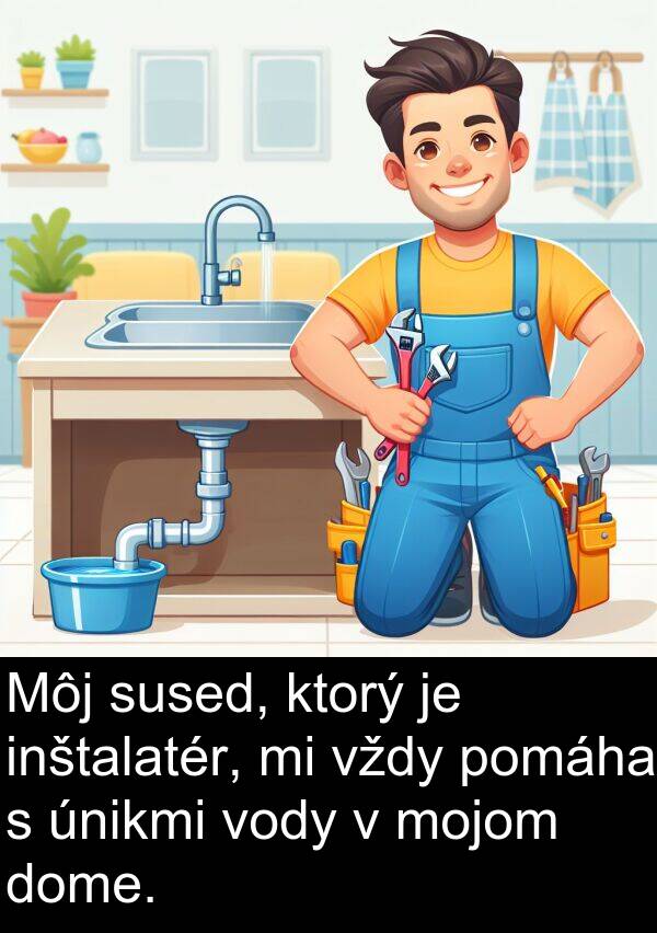 sused: Môj sused, ktorý je inštalatér, mi vždy pomáha s únikmi vody v mojom dome.