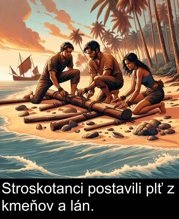 lán: Stroskotanci postavili plť z kmeňov a lán.