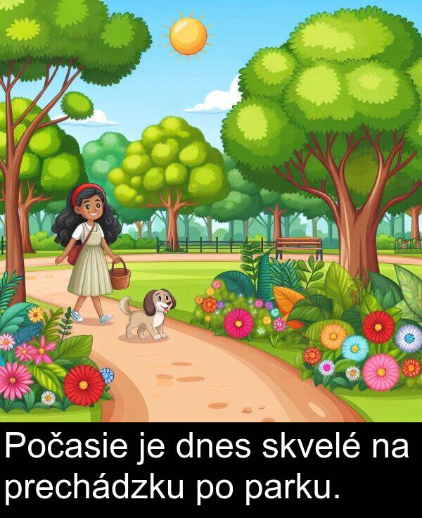 skvelé: Počasie je dnes skvelé na prechádzku po parku.