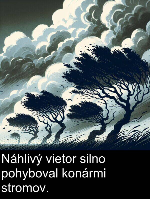 silno: Náhlivý vietor silno pohyboval konármi stromov.