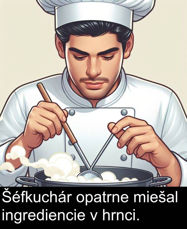 hrnci: Šéfkuchár opatrne miešal ingrediencie v hrnci.
