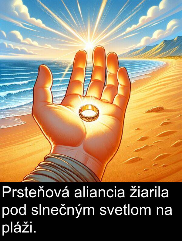 svetlom: Prsteňová aliancia žiarila pod slnečným svetlom na pláži.