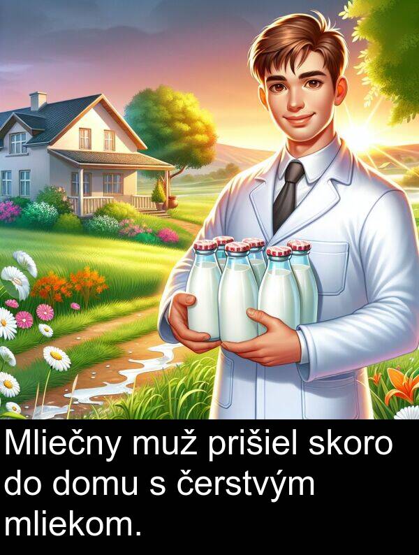 muž: Mliečny muž prišiel skoro do domu s čerstvým mliekom.