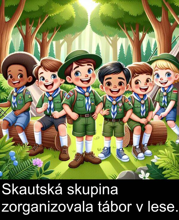 skupina: Skautská skupina zorganizovala tábor v lese.
