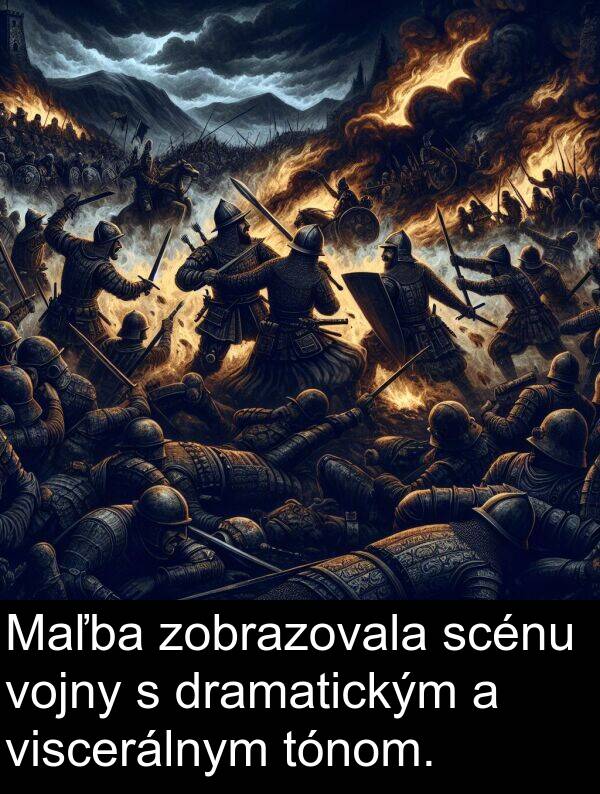 scénu: Maľba zobrazovala scénu vojny s dramatickým a viscerálnym tónom.