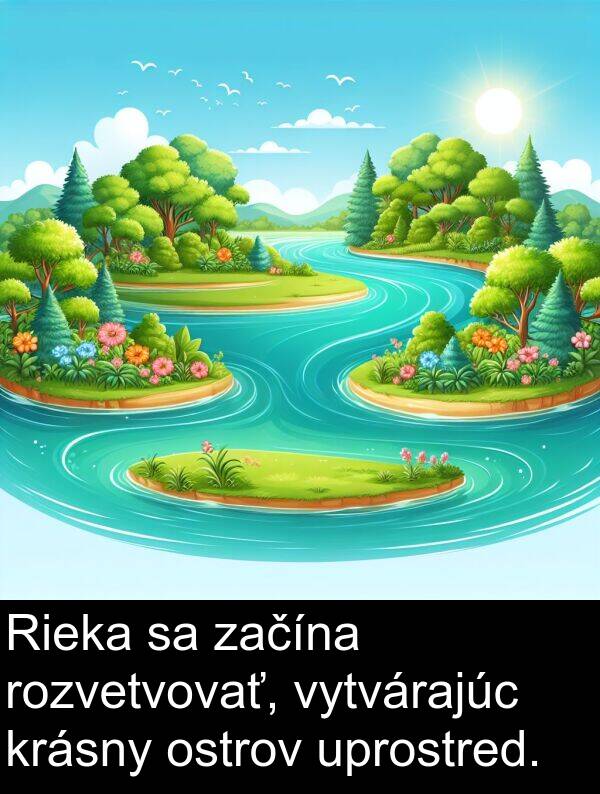 vytvárajúc: Rieka sa začína rozvetvovať, vytvárajúc krásny ostrov uprostred.