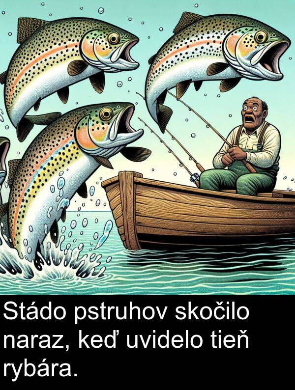 rybára: Stádo pstruhov skočilo naraz, keď uvidelo tieň rybára.