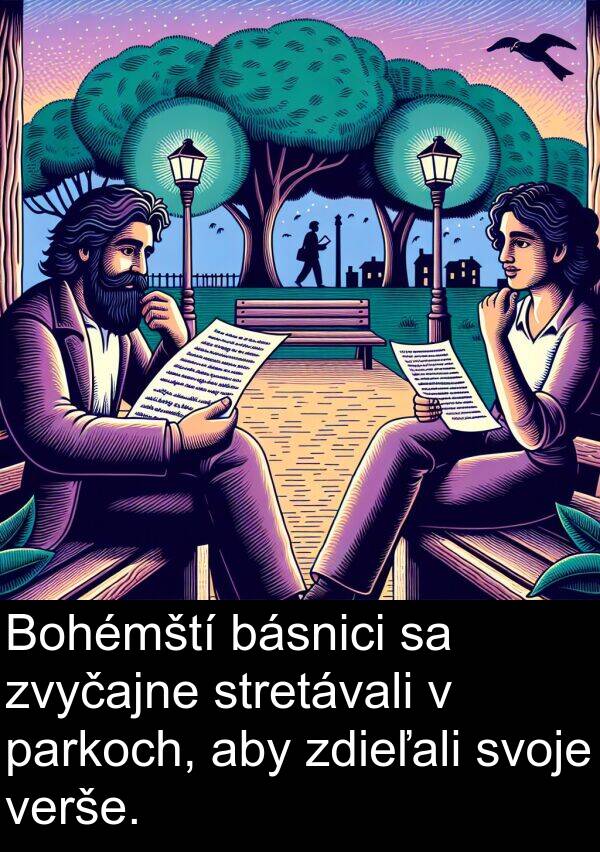 básnici: Bohémští básnici sa zvyčajne stretávali v parkoch, aby zdieľali svoje verše.