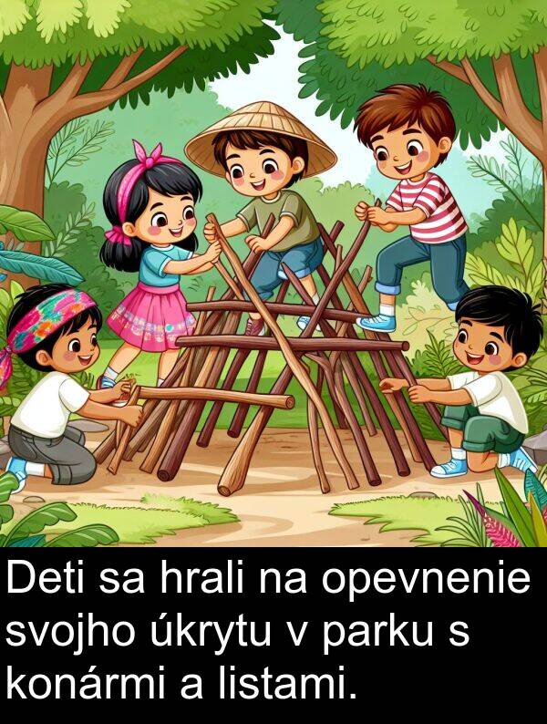 opevnenie: Deti sa hrali na opevnenie svojho úkrytu v parku s konármi a listami.