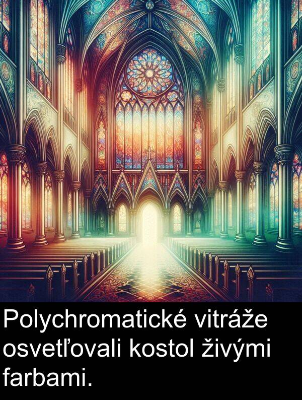 farbami: Polychromatické vitráže osvetľovali kostol živými farbami.