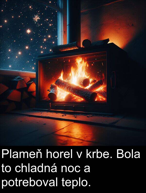 noc: Plameň horel v krbe. Bola to chladná noc a potreboval teplo.